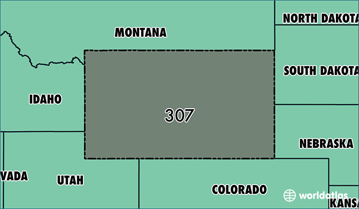 Map of Wyoming with area code 307 highlighted