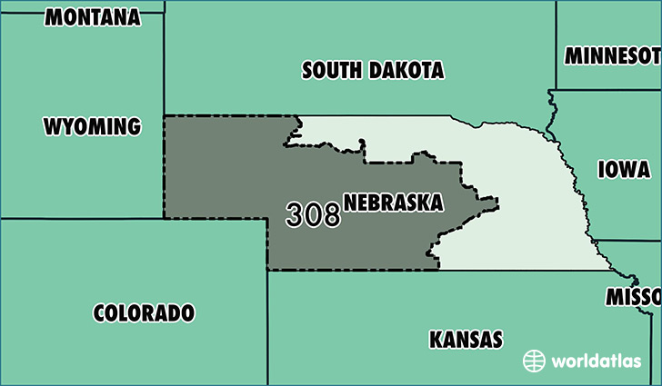 Map of Nebraska with area code 308 highlighted