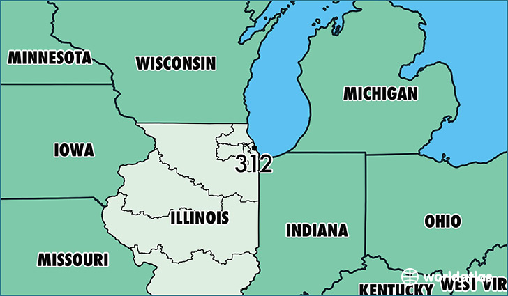 Map of Illinois with area code 312 highlighted