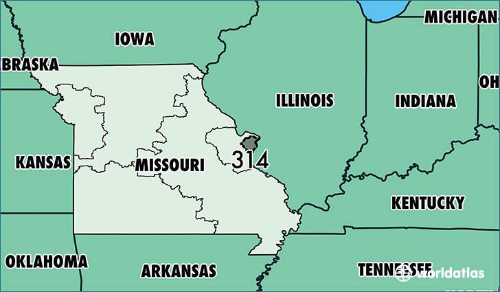 Map of Missouri with area code 314 highlighted