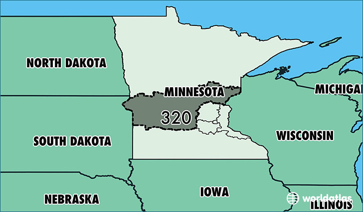 Map of Minnesota with area code 320 highlighted