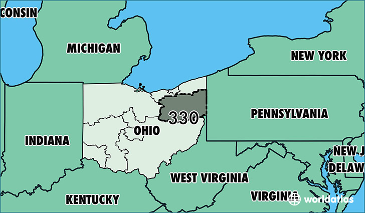 Map of Ohio with area code 330 highlighted