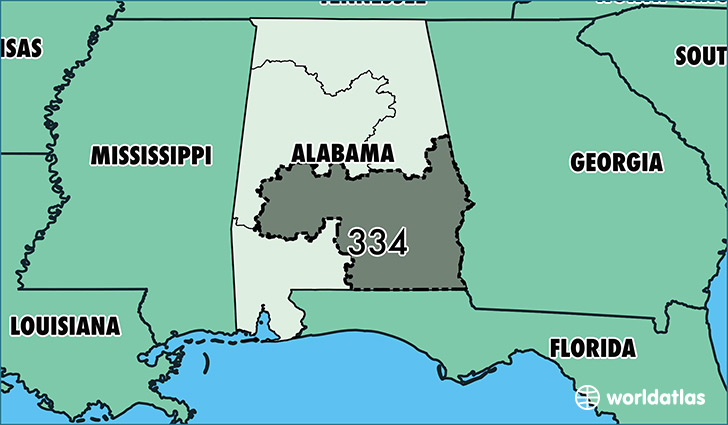 Map of Alabama with area code 334 highlighted