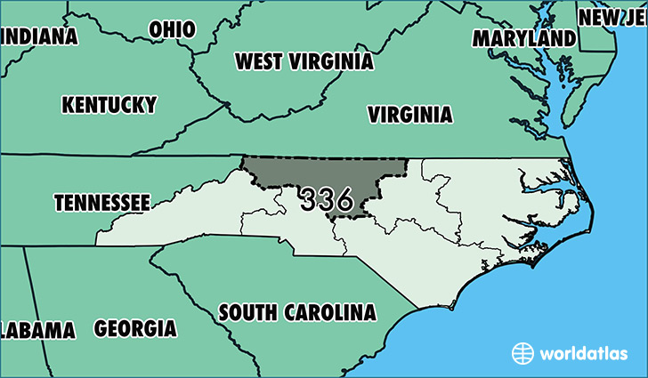 Map of North Carolina with area code 336 highlighted