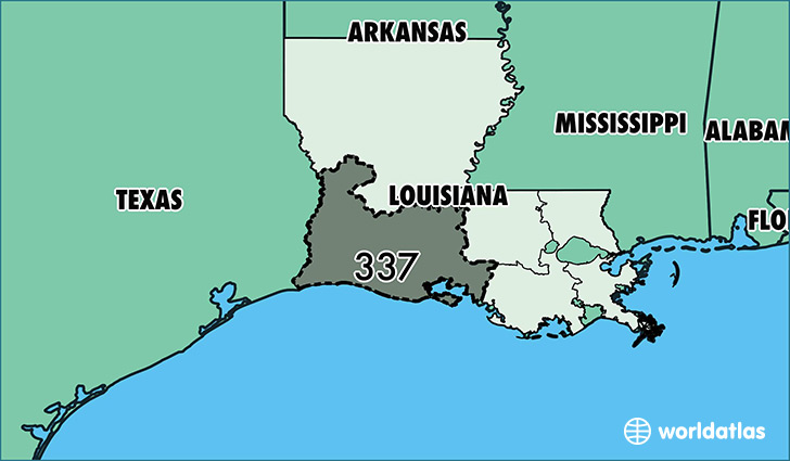 Map of Louisiana with area code 337 highlighted