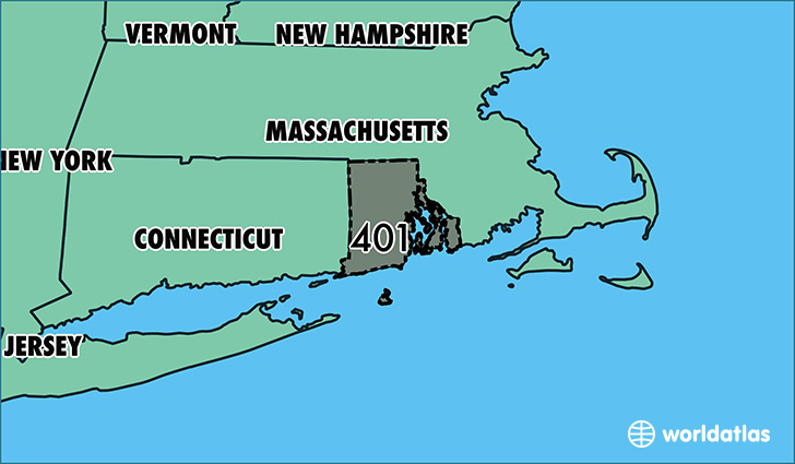 Map of Rhode Island with area code 401 highlighted