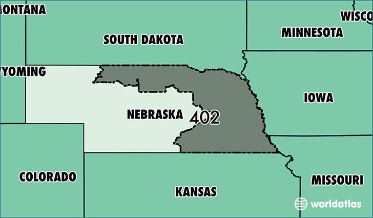 Map of Nebraska with area code 402 highlighted