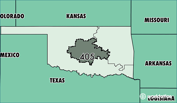 Map of Oklahoma with area code 405 highlighted