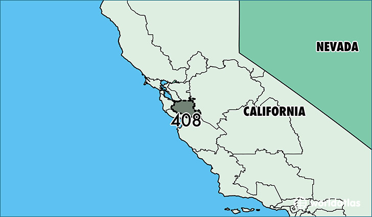 Map of California with area code 408 highlighted