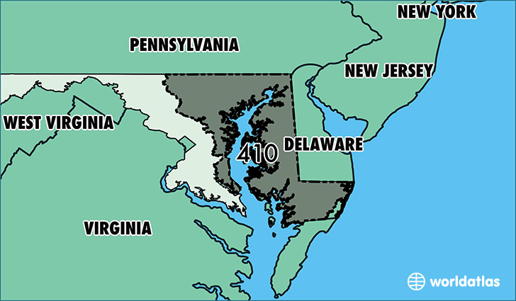 Map of Maryland with area code 410 highlighted