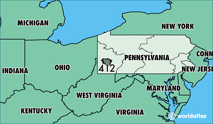 Map of Pennsylvania with area code 412 highlighted