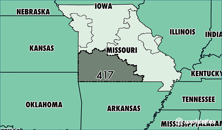 Map of Missouri with area code 417 highlighted