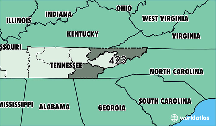 Map of Tennessee with area code 423 highlighted