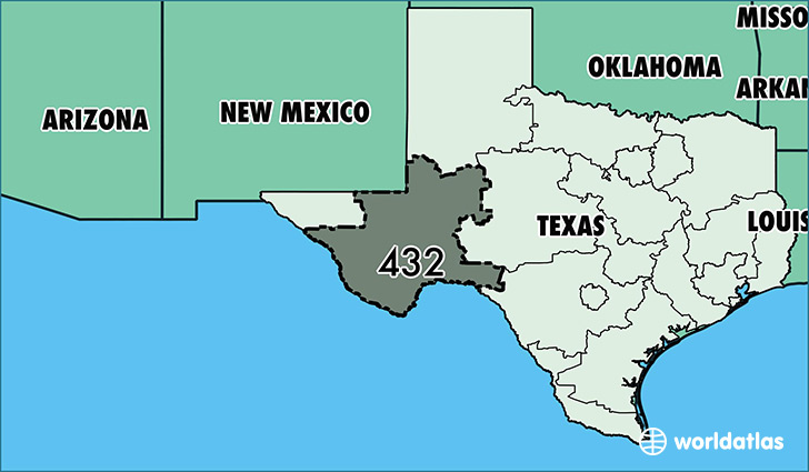 Map of Texas with area code 432 highlighted