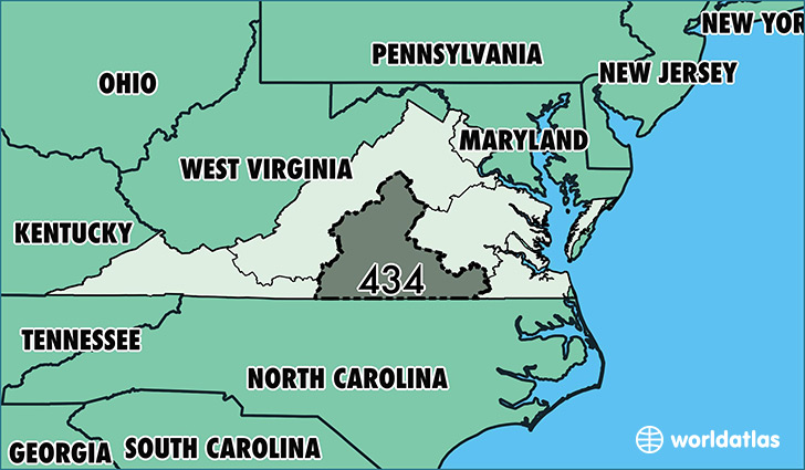 Map of Virginia with area code 434 highlighted
