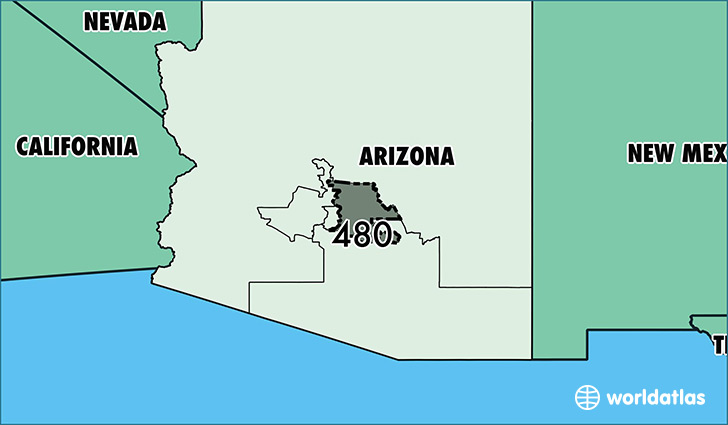 Map of Arizona with area code 480 highlighted