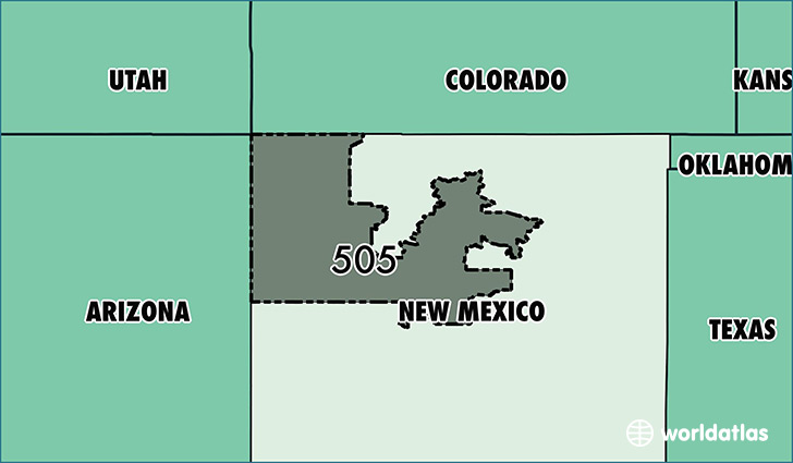 Map of New Mexico with area code 505 highlighted