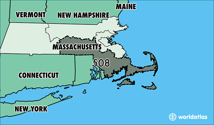 Map of Massachusetts with area code 508 highlighted