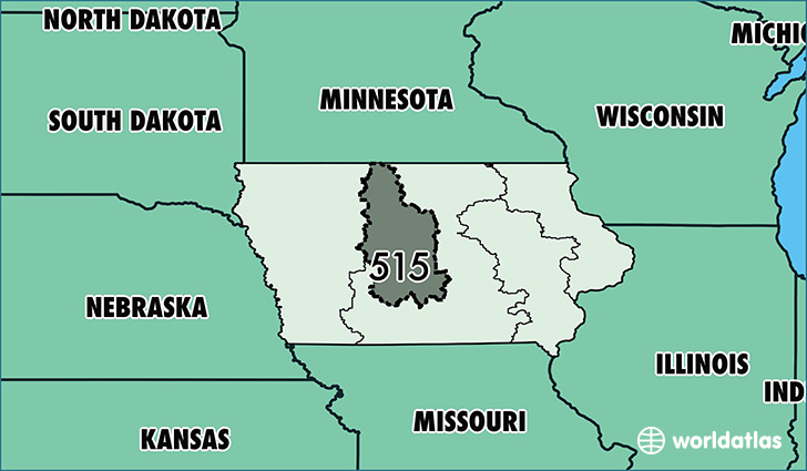Map of Iowa with area code 515 highlighted