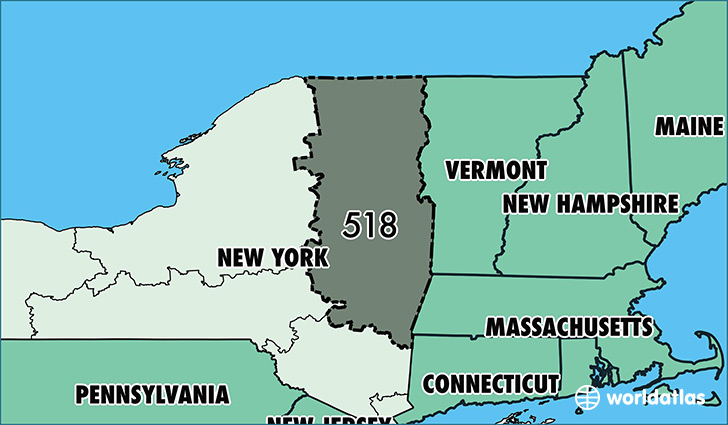 Map of New York with area code 518 highlighted