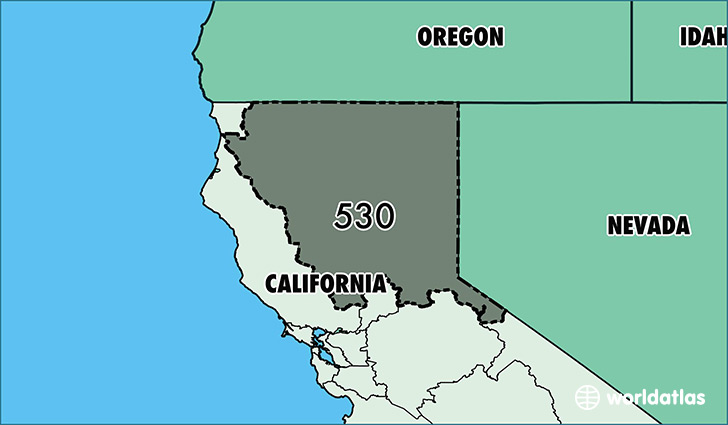 Map of California with area code 530 highlighted