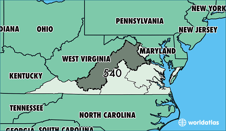Map of Virginia with area code 540 highlighted