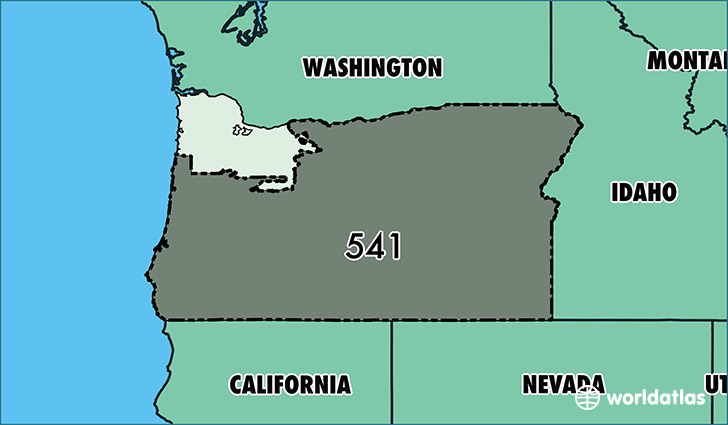 Map of Oregon with area code 541 highlighted