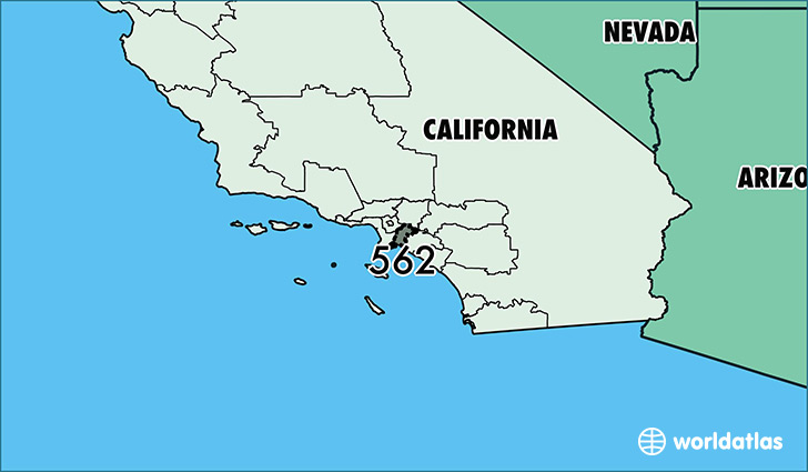 Map of California with area code 562 highlighted