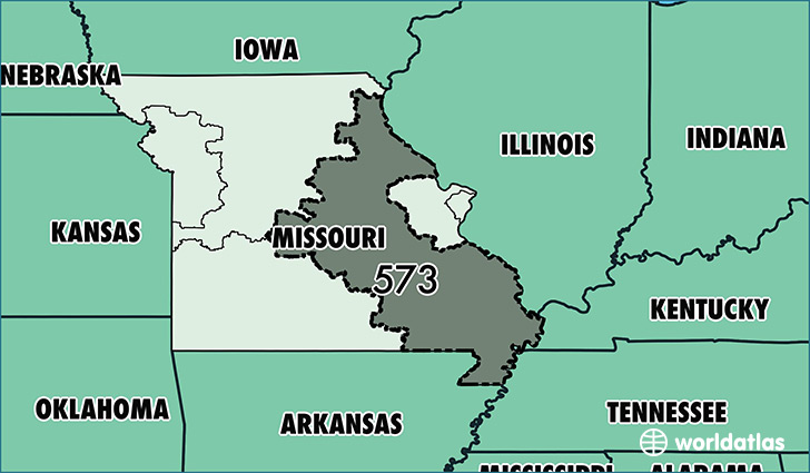 Map of Missouri with area code 573 highlighted