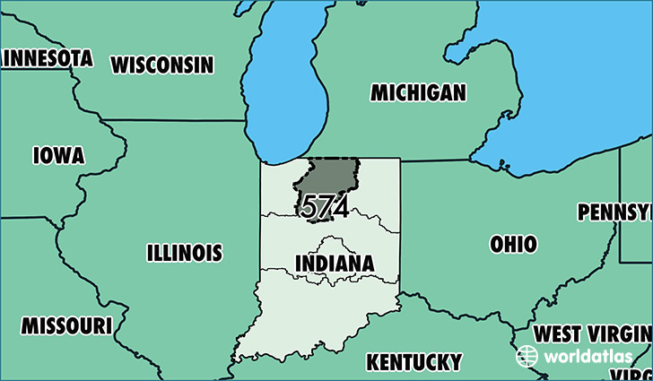 Map of Indiana with area code 574 highlighted