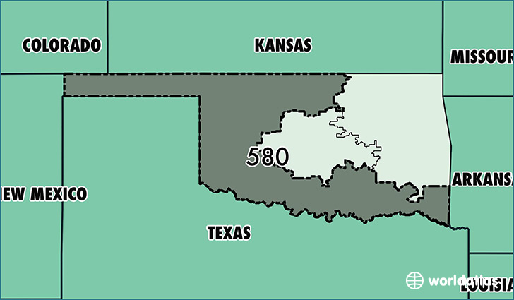 Map of Oklahoma with area code 580 highlighted