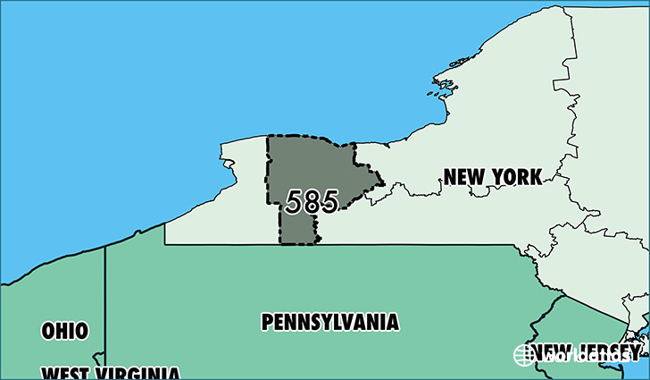 Map of New York with area code 585 highlighted