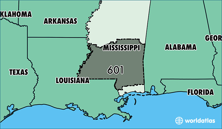 Map of Mississippi with area code 601 highlighted