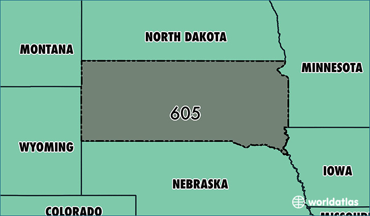 Map of South Dakota with area code 605 highlighted