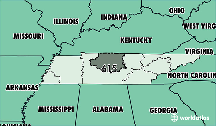 Map of Tennessee with area code 615 highlighted