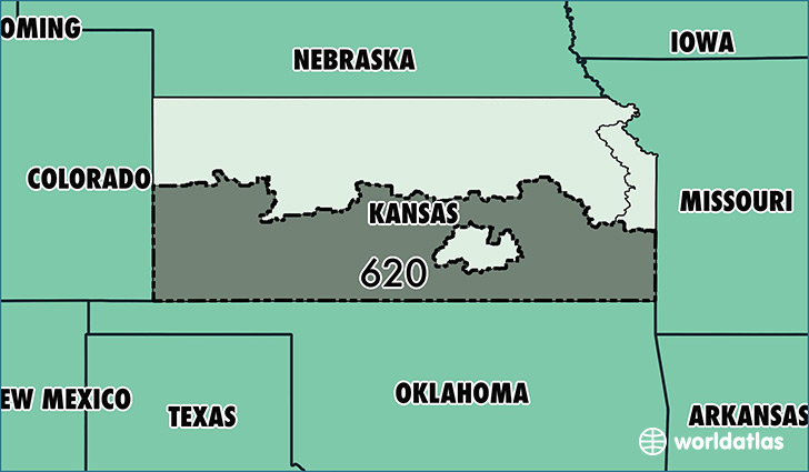 Map of Kansas with area code 620 highlighted