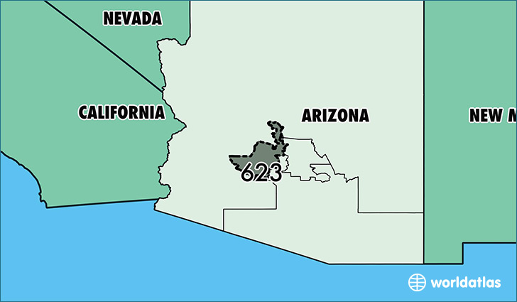 Map of Arizona with area code 623 highlighted