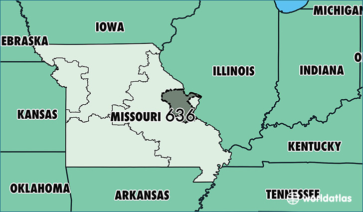 Map of Missouri with area code 636 highlighted