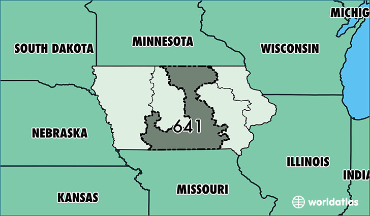 Map of Iowa with area code 641 highlighted
