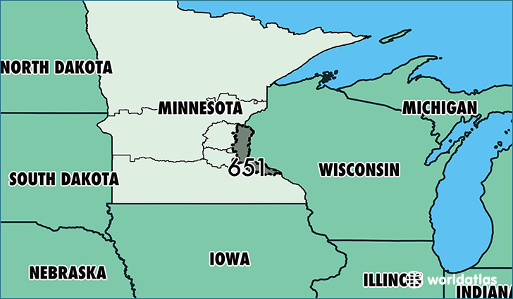 Map of Minnesota with area code 651 highlighted