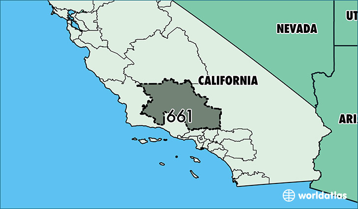 Map of California with area code 661 highlighted