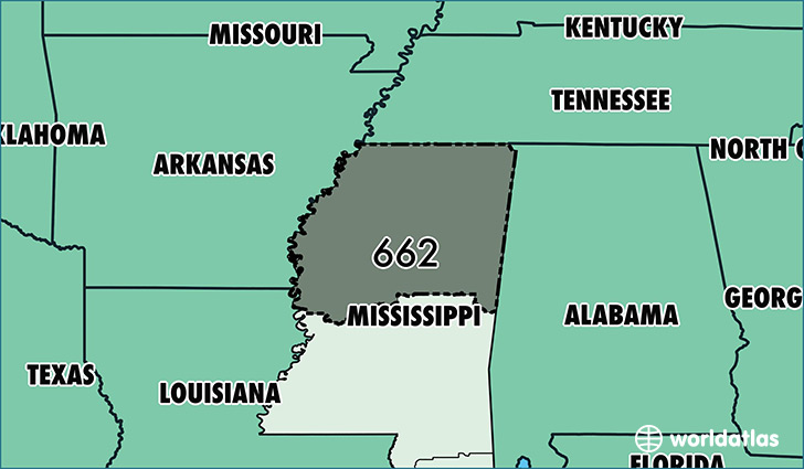 Map of Mississippi with area code 662 highlighted