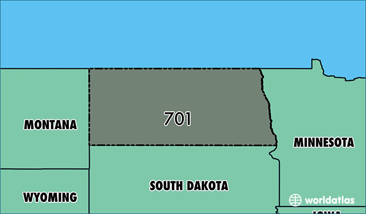 Map of North Dakota with area code 701 highlighted