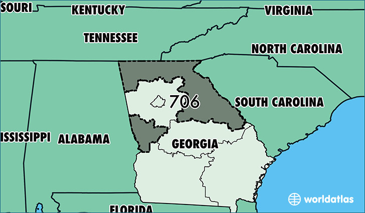 Map of Georgia with area code 706 highlighted