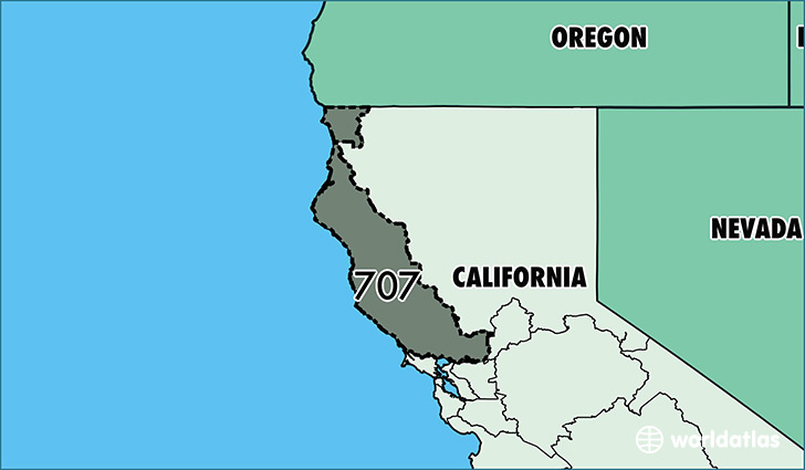 Map of California with area code 707 highlighted