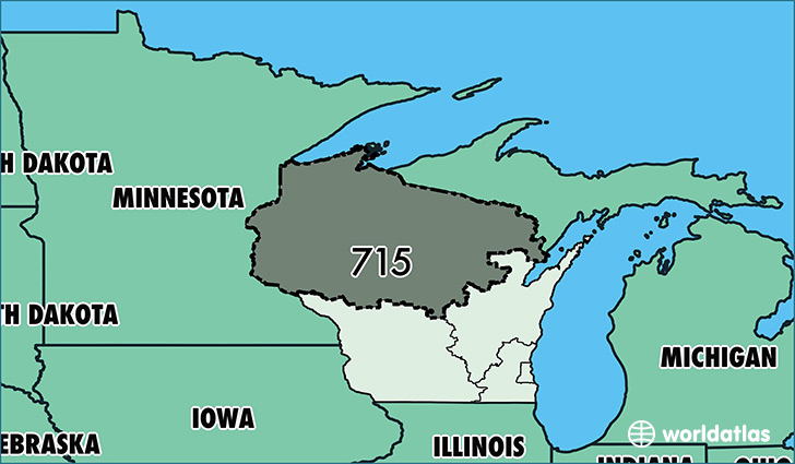 Map of Wisconsin with area code 715 highlighted