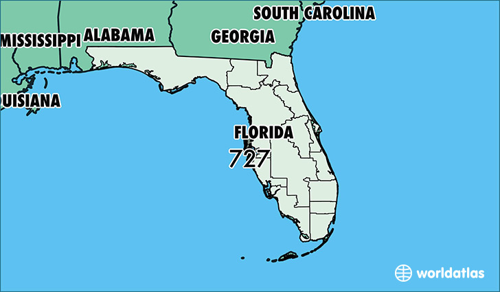 Map of Florida with area code 727 highlighted