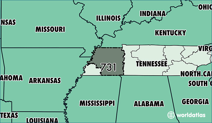 Map of Tennessee with area code 731 highlighted