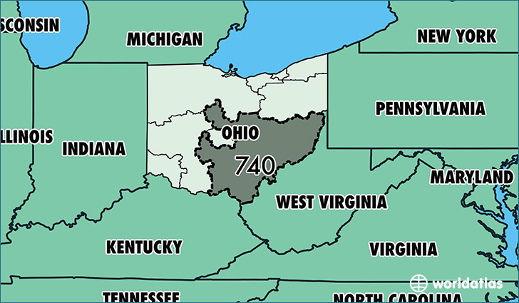 Map of Ohio with area code 740 highlighted