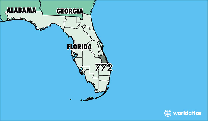 Map of Florida with area code 772 highlighted